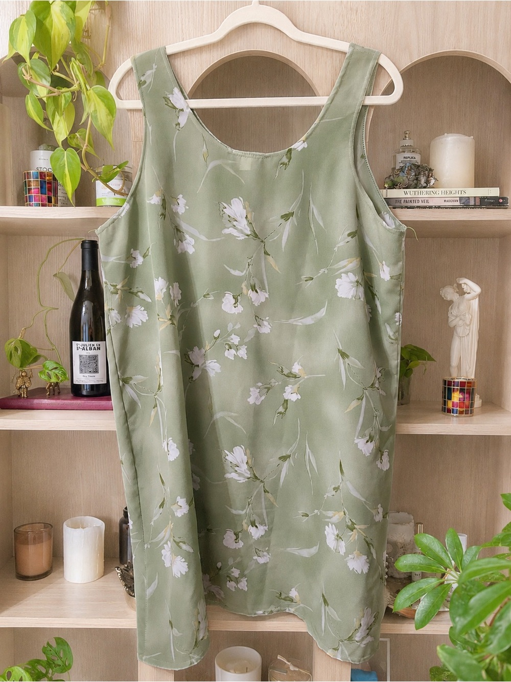 Vintage Sage Floral Slip Dress XL Cottagecore Midi Botanical Fairycore